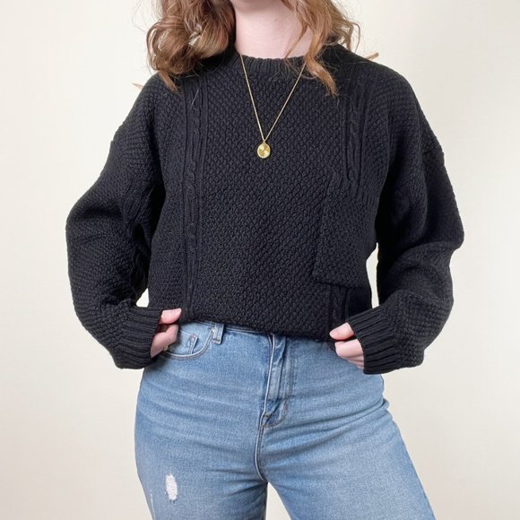 Vintage Cable Knit Oversized Wool Cotton Sweater Chunky Cozy Aran Preppy Pocket - Picture 8 of 8